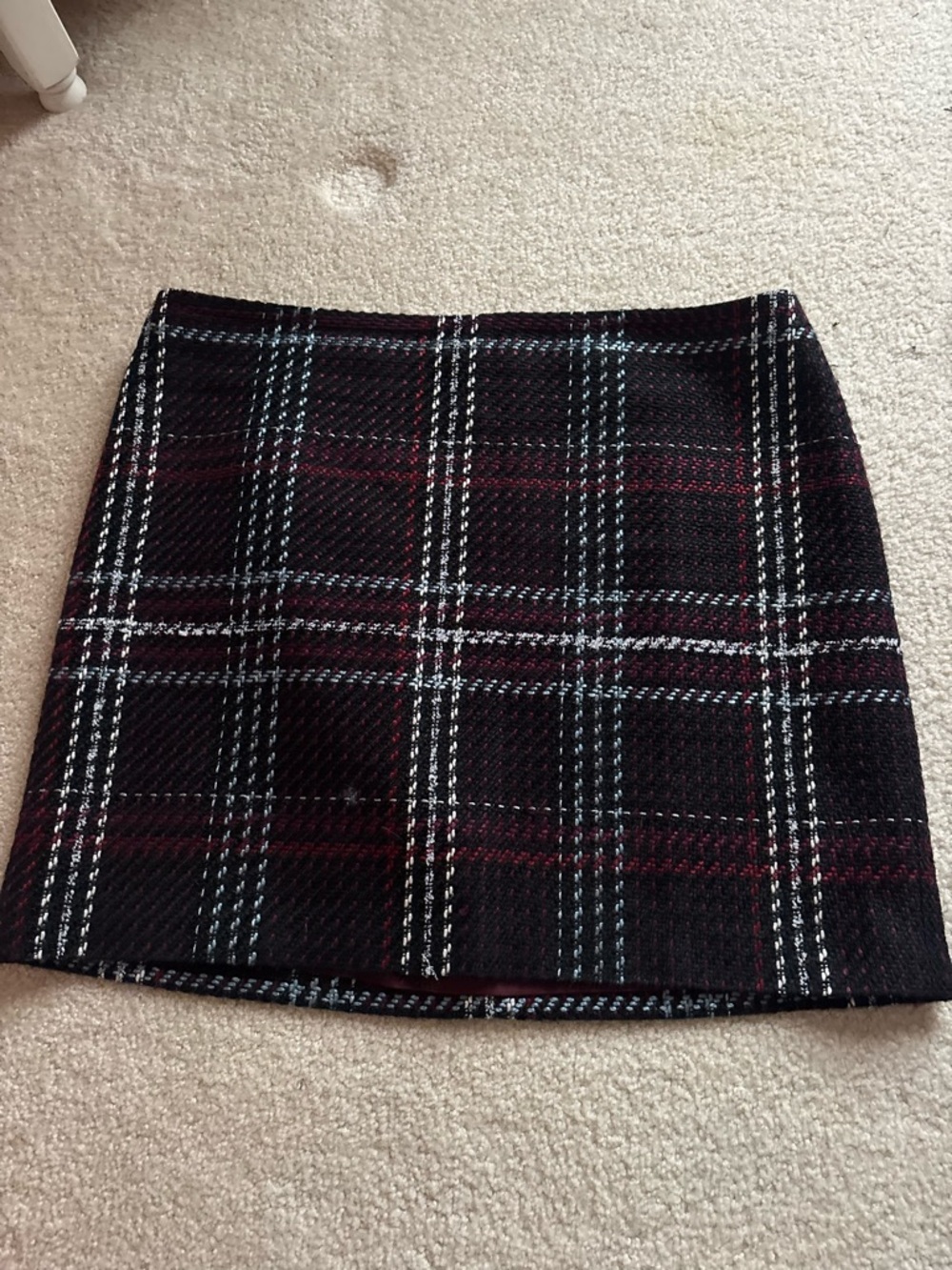 White House Black Market Black Plaid Mini Skirt with Burgundy Stripes